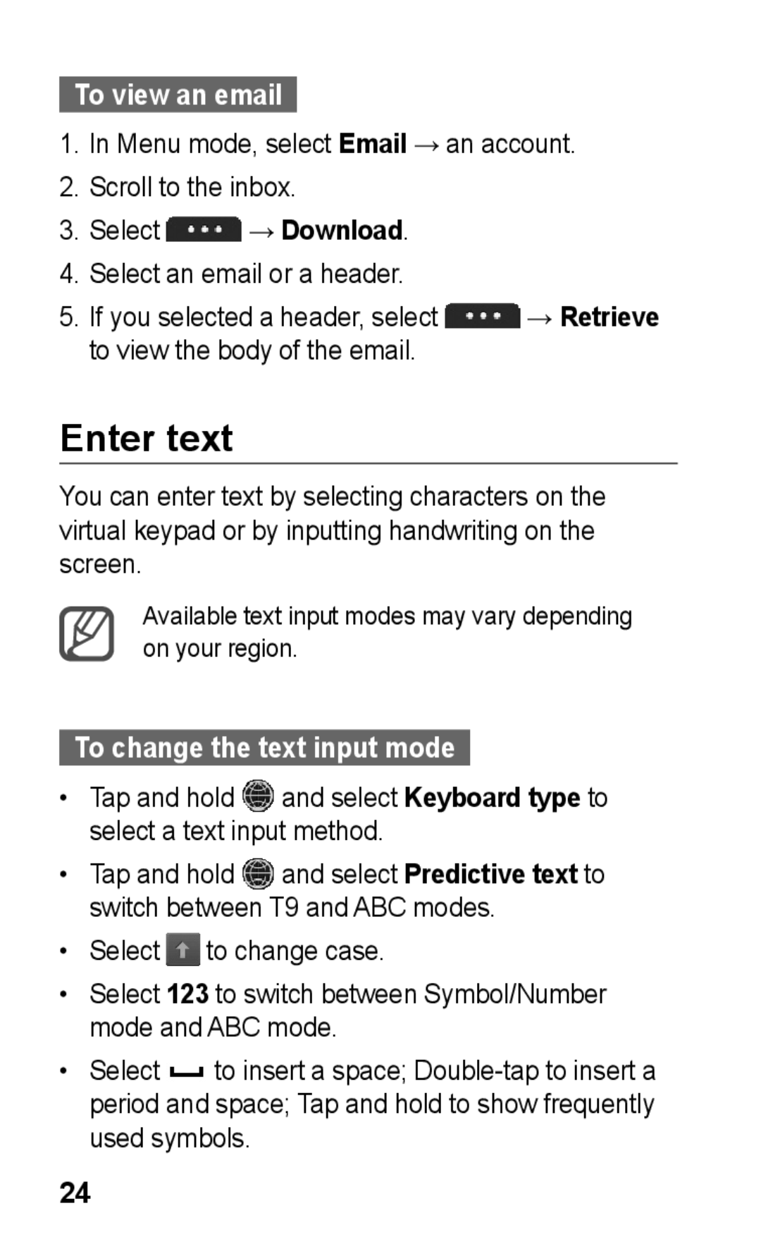 Samsung GT-S5260OKPXEF, GT-S5260RWPDBT, GT-S5260OKPDBT manual Enter text, To view an email, To change the text input mode 